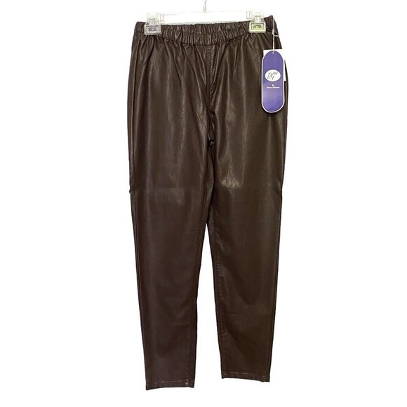 DG2 by Diane Gilman Brown Faux Leather Pants Elastic Waist Women's PM NWT - Picture 1 of 11